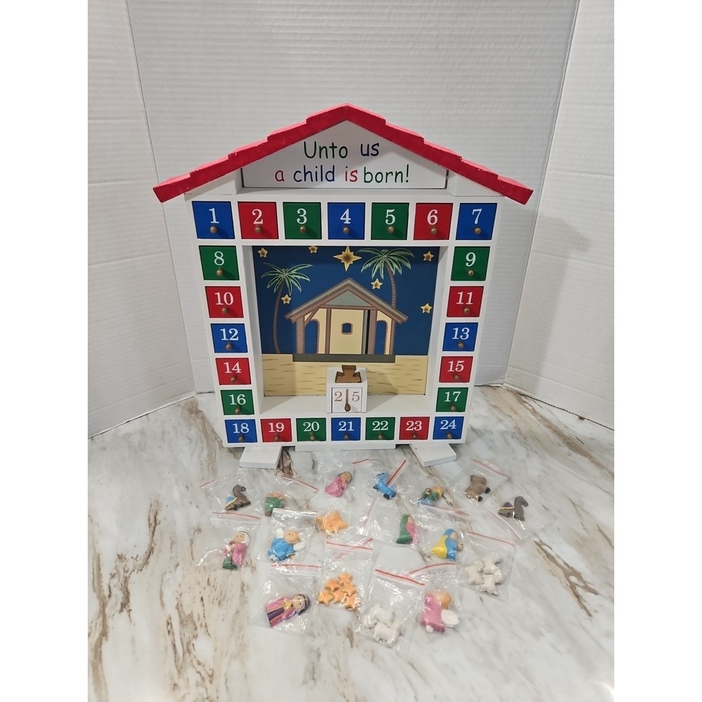 Wooden Magnetic Christmas Advent Calendar Christian Book Unto Us a Child is Born